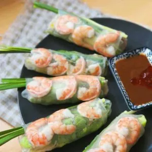 Vietnamese Spring Rolls with Peanut Sauce | Gỏi Cuốn Delicious and refreshing Gỏi Cuốn - Vietnamese fresh spring rolls filled with succulent shrimp, tender slices of pork belly, crisp lettuce, rice vermicelli, and fragrant fresh herbs. Wrapped in translucent rice paper, these vibrant rolls are served with a tantalizing dipping sauce.