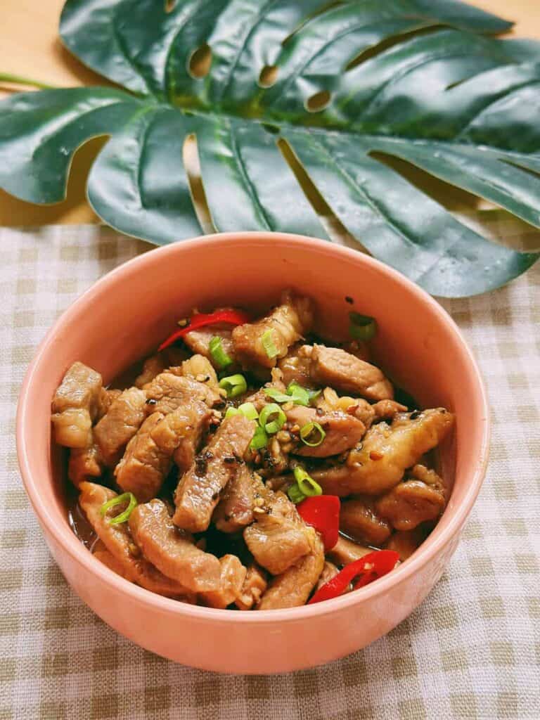 Delicious "thit kho tieu": Caramelized pork simmered in a rich sauce infused with black pepper and served with steamed rice. The tender and flavorful pork is garnished with scallions, creating a visually enticing and mouthwatering dish