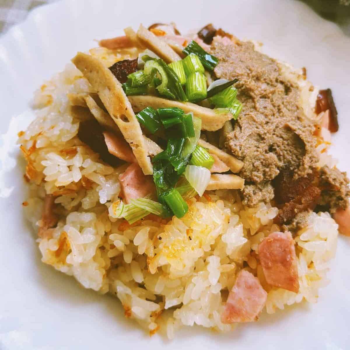 Delicious Vietnamese Xoi Man - A delectable plate of Vietnamese savory sticky rice adorned with flavorful toppings, a delightful treat from Vietnamese cuisine.