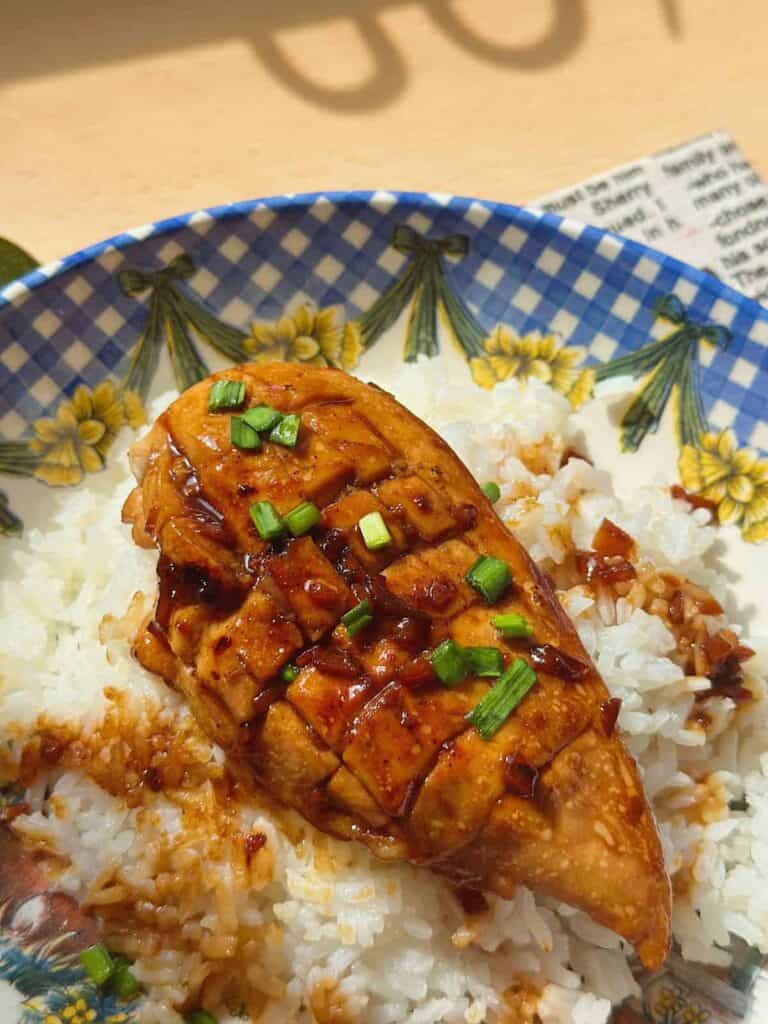 Savory soy garlic chicken breast served atop a bed of fluffy steamed rice, creating a harmonious blend of flavors and textures.
