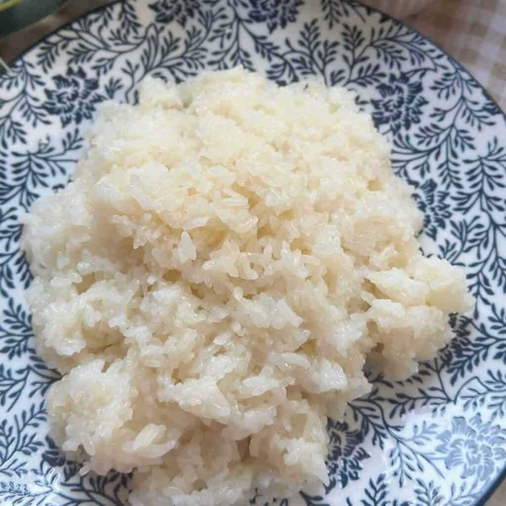 Steaming hot cooked sticky rice served on a plate.