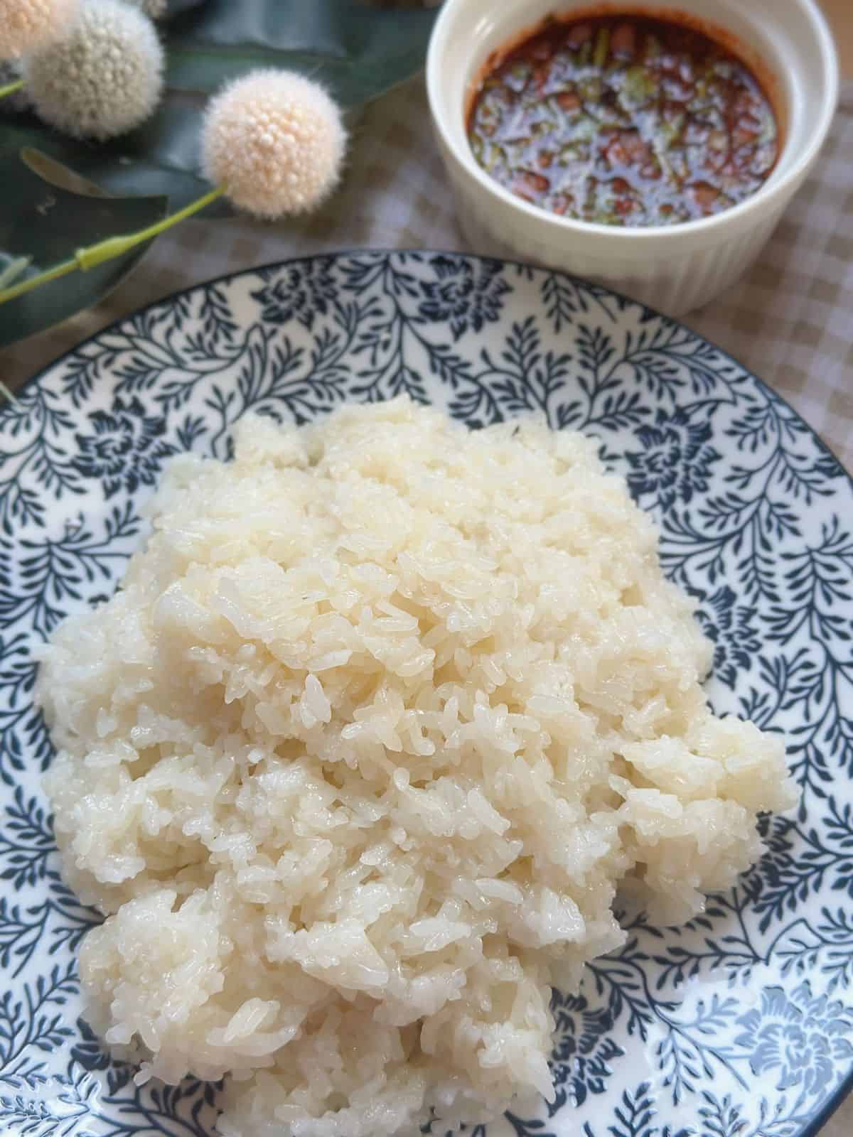 Xôi Mặn | Xôi Lạp Xưởng (Chinese Sausage Sticky Rice) Steaming hot cooked sticky rice served on a plate.