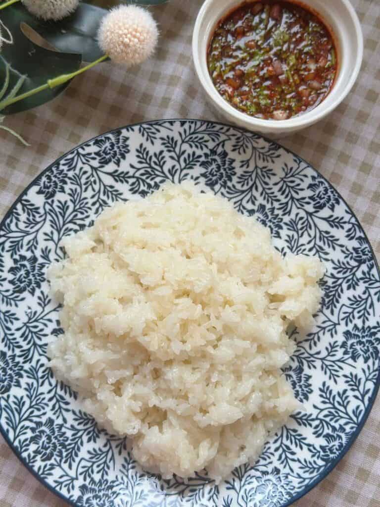 Steaming hot cooked sticky rice served on a plate.