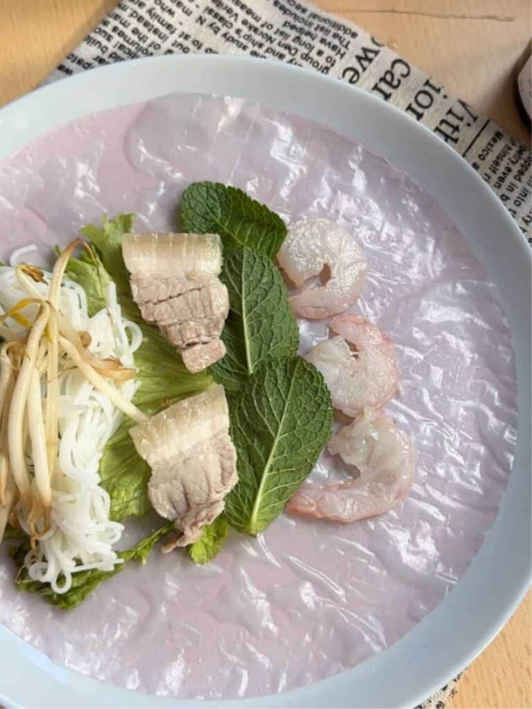 How to wrap Vietnamese Spring Rolls (Fresh & Fried) place the filling on the rice paper