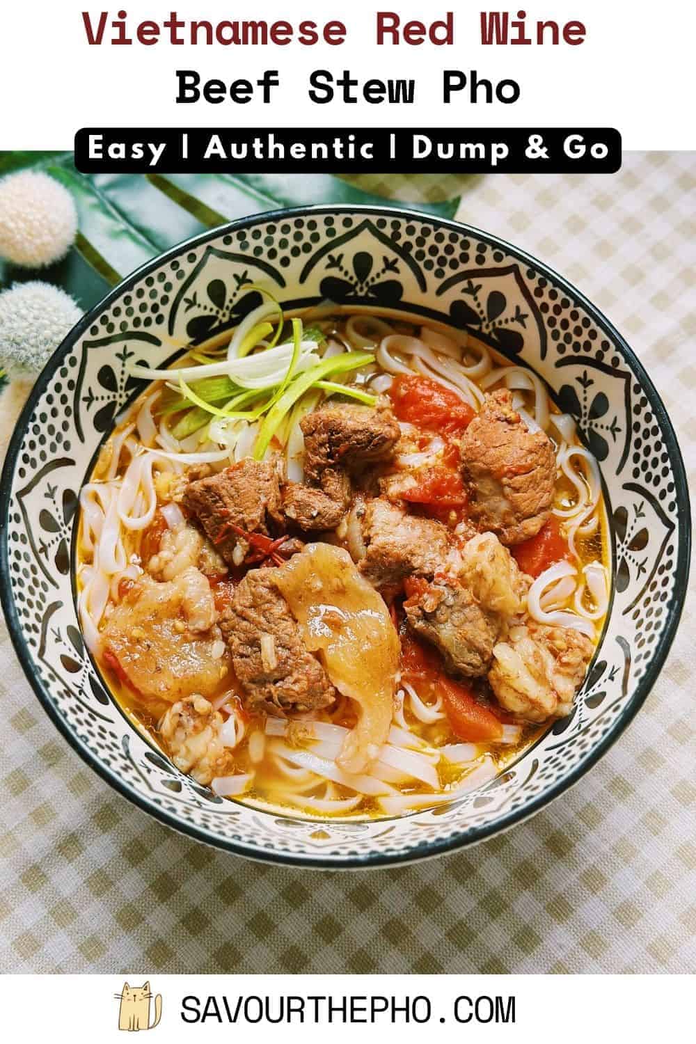 Vietnamese Red Wine Beef Stew Pho (Pho Bo Sot Vang), a captivating fusion of Vietnamese beef Pho and a rich red wine-infused stew. This beef noodle dish is ideal for a chilly fall or winter day. The "dump & go" method using your slow cooker (crockpot) or Instant Pot with the slow cooker mode requires minimal effort.