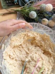 Vermische in einer Schüssel den geriebenen Apfel, Honig, Salz, Ei und Schmand gut miteinander.