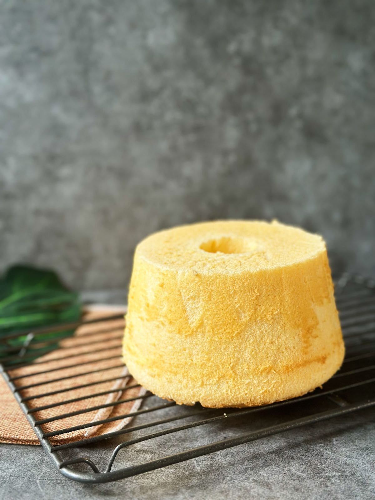 Fluffiger Chiffon Kuchen / Chiffon Cake / シフォンケーキ A side view of a golden-brown Chinese chiffon cake on a cooling rack, showing its smooth, pillowy surface and height.