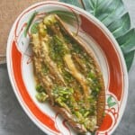 Vietnamese grilled eggplant topped with scallion oil.
