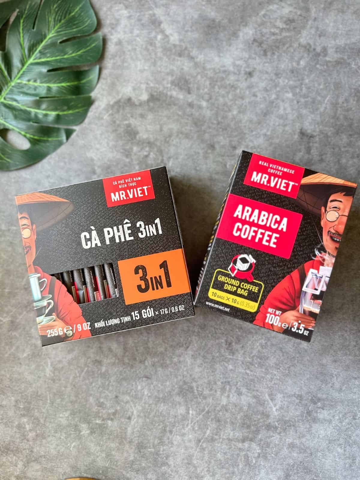 Mr Viet instant coffee box displayed next to a box of Mr Viet paper drip coffee.