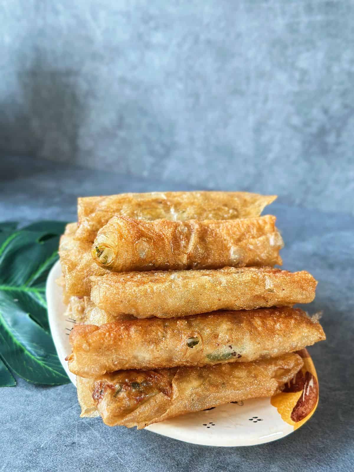 Frühlingsrollen aus Vietnam (Vietnamese Spring Rolls) A plate filled with crispy golden Vietnamese fried spring rolls (Nem Rán), freshly fried and ready to serve.