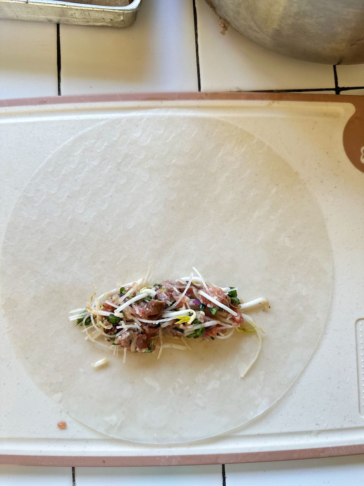 Frühlingsrollen aus Vietnam (Vietnamese Spring Rolls) Spoon about 2 tbsps filling onto the lower third of the round wrapper.