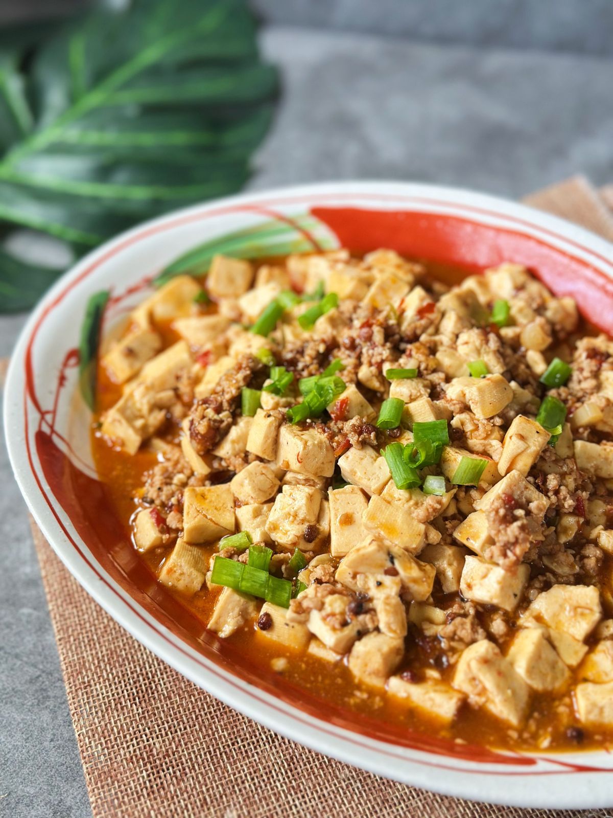 Close-up of Mapo Tofu showing silky tofu, minced pork, chili bean paste sauce, and a sprinkle of green onions